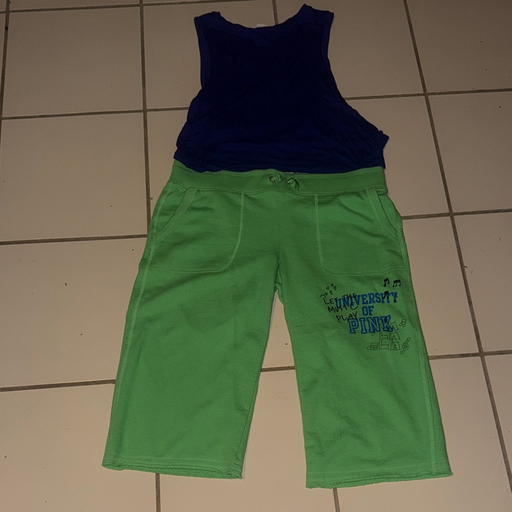 PINK Victoria's Secret Neon Green Drawstring Shorts with Blue Graphic